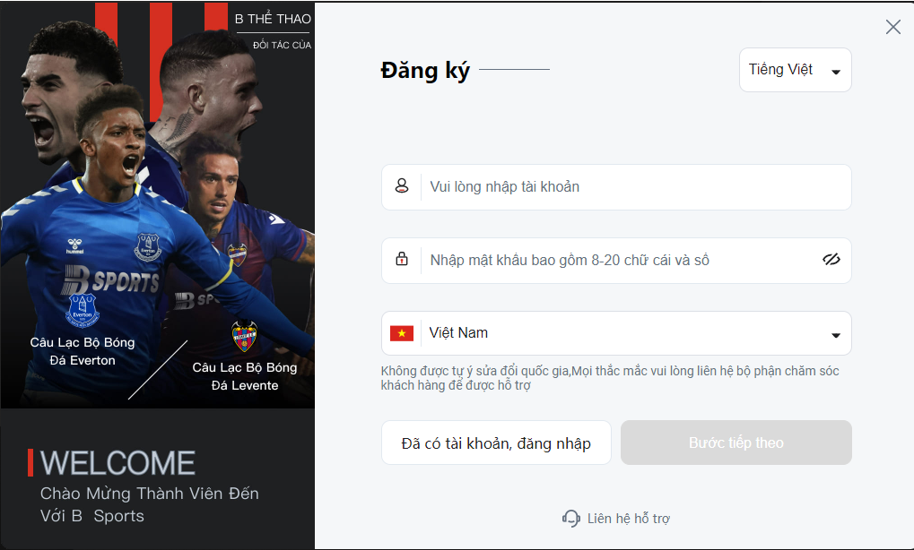 Giao diện đăng ký tài khoản của nhà BSports Giao diện đăng ký tài khoản của nhà BSports